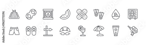 bundle of 16 editable thin line water park icons including swimming pool, shorts, float, flip flops, changing room, sign, water melon, swimming cap, bandage. editable stroke vector
