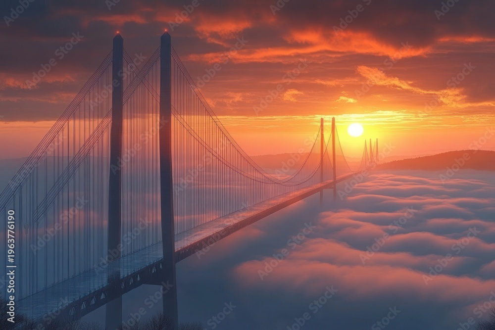 Obraz premium suspension bridge towers and cables stretching through a sea of fog toward a glowing orange sunrise, serene and majestic atmosphere