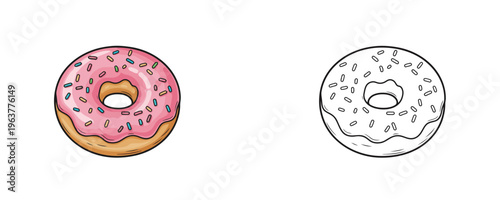 Cartoon donut with pink glaze and sprinkles in color and black line art styles showing sweet baked dessert for bakery menu on white background