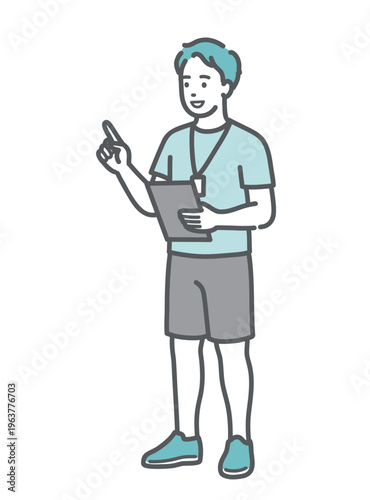 笑顔で説明・アドバイスをする男性インストラクターのイラスト