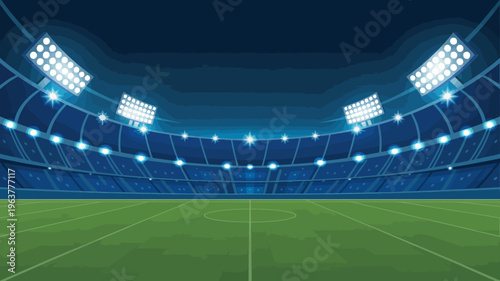 A brightly lit empty football stadium is shown from a low angle focusing on the vibrant green field and blue seating high quality professional detailed modern