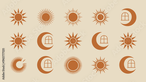 An assortment of celestial symbols including suns with radiating lines and crescent moons with arched windows are displayed on a beige background high quality professional detailed