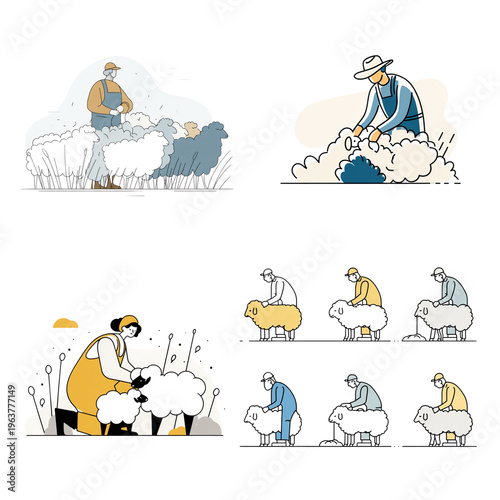 Farmer shearing sheep in various poses with a calm expression  