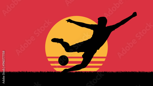 A silhouetted figure powerfully kicks a soccer ball against a vibrant orange and red gradient background evoking a sunset high quality professional detailed modern elegant stylish