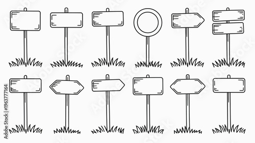 A collection of hand drawn black and white signposts and directional arrows are displayed on a plain white background creating a simple sketch high quality professional