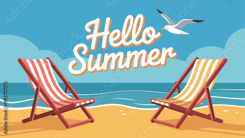 A vibrant illustration depicts a beach scene with two striped deck chairs golden sand and the cheerful message hello summer high quality professional detailed modern elegant