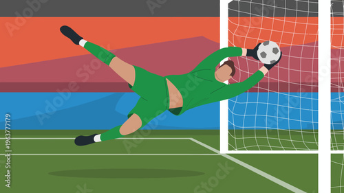 A dynamic illustration depicts a soccer goalkeeper in mid air attempting a save with an outstretched arm set against a stadium background high quality professional detailed
