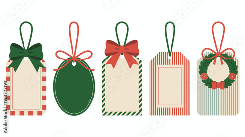 A collection of festive gift tags in varying shapes and colors adorned with ribbons and holiday decorations are displayed high quality professional detailed modern elegant stylish