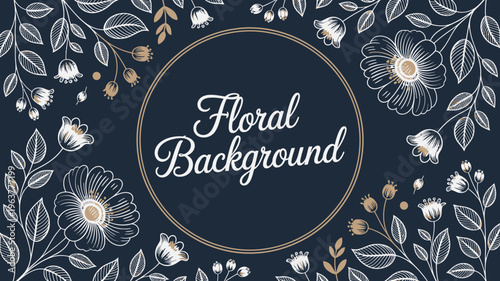 An ornate floral background features delicate white and golden blooms surrounding a central circular frame with calligraphy high quality professional detailed modern elegant stylish clean crisp