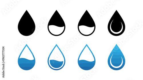 A series of eight droplet icons are displayed varying in fill and style showcasing different water droplet representations high quality professional detailed modern elegant stylish clean