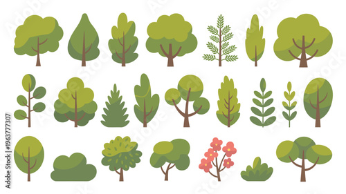 A collection of various stylized trees and bushes are displayed against a clean white background showcasing different shapes and shades of green high quality professional detailed