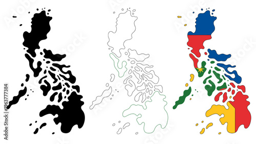 This image presents three variations of the philippines outline a solid black silhouette a white line drawing and a color rendition high quality professional detailed modern