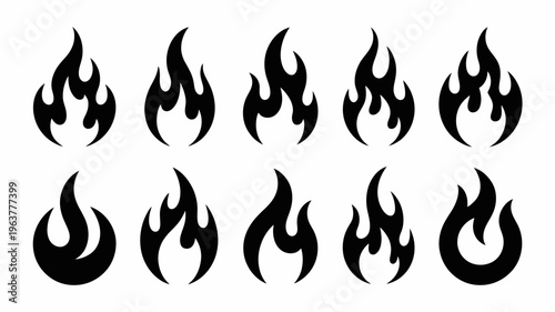 A collection of stylized black flame shapes are arranged in two rows providing graphic elements for design or illustration projects high quality professional detailed modern elegant