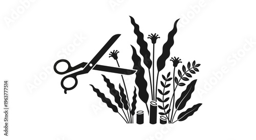 Scissors and various plant leaves.