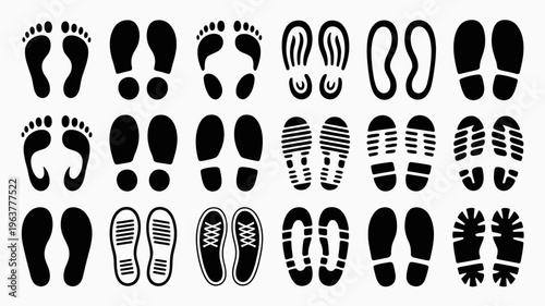 A collection of various black footprints and shoe impressions are displayed against a plain white background showcasing different sole patterns high quality professional detailed modern elegant