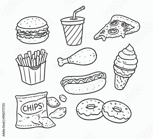 Fast Food and Junk Food Doodle Set with Burger, Pizza, Fries, and Snacks