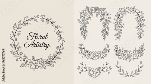 A collection of delicate hand drawn floral wreaths and arrangements are displayed in a minimalist black and white design conveying natural elegance high quality professional detailed