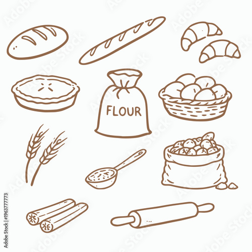 Baking Ingredients and Bakery Set Illustration with Bread, Flour, and Rolling Pin