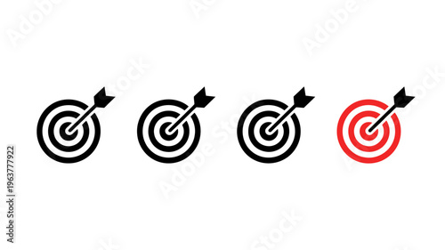 A series of four dartboard icons are displayed showing varying degrees of accuracy with one bullseye highlighted in red high quality professional detailed modern elegant stylish