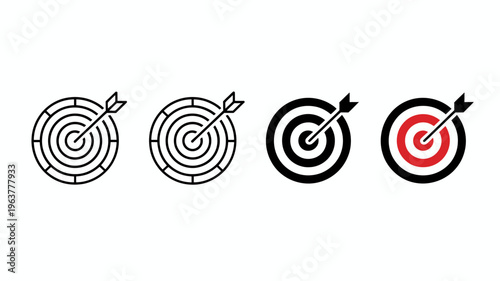 A series of four target icons with an arrow hitting the bullseye displayed in varying levels of detail and color high quality professional detailed modern elegant