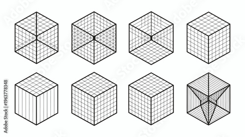 An illustration showcases eight isometric cube variations rotating through different angles and perspectives in a black and white style high quality professional detailed modern elegant stylish