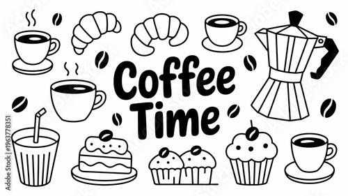 A black and white illustration depicts coffee pastries and desserts arranged with the words coffee time in a playful design high quality professional detailed modern elegant