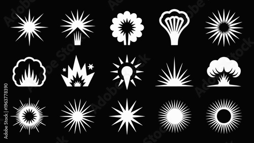 A collection of stylized white explosion icons are displayed against a stark black background showcasing varying designs and intensities high quality professional detailed modern elegant stylish
