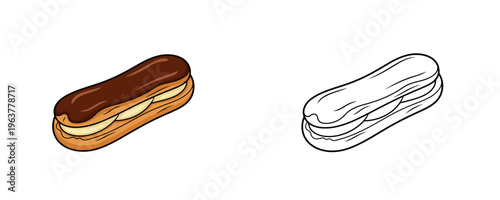 Cartoon chocolate eclair pastry with cream filling in color and black line art styles showing sweet French dessert for bakery menu on white background