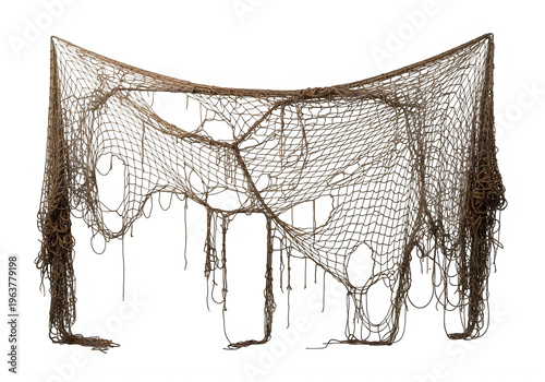Worn and tattered brown fishing net isolated on transparent background