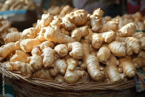 abundant pile of fresh ginger roots in a woven basket at a market, warm earthy rustic freshness