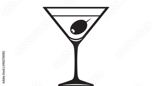 Martini glass with olive in minimalist black line art for cocktail menu Transparent Background
