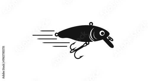 Black fishing lure with hooks moving.