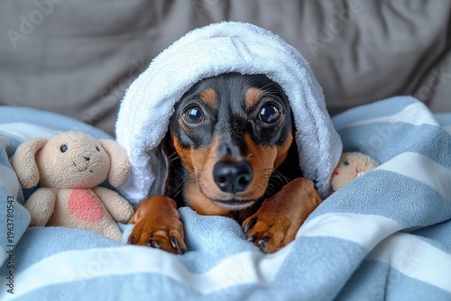 Small dog tucked under a light blue striped blanket with a towel over its head, paws peeking out, flanked by plush toys in a cozy sleepy cuddle