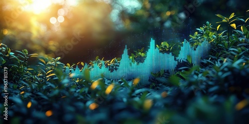 sunlit green foliage with glowing cyan digital soundwave rising among leaves, serene harmonious blend of nature and technology