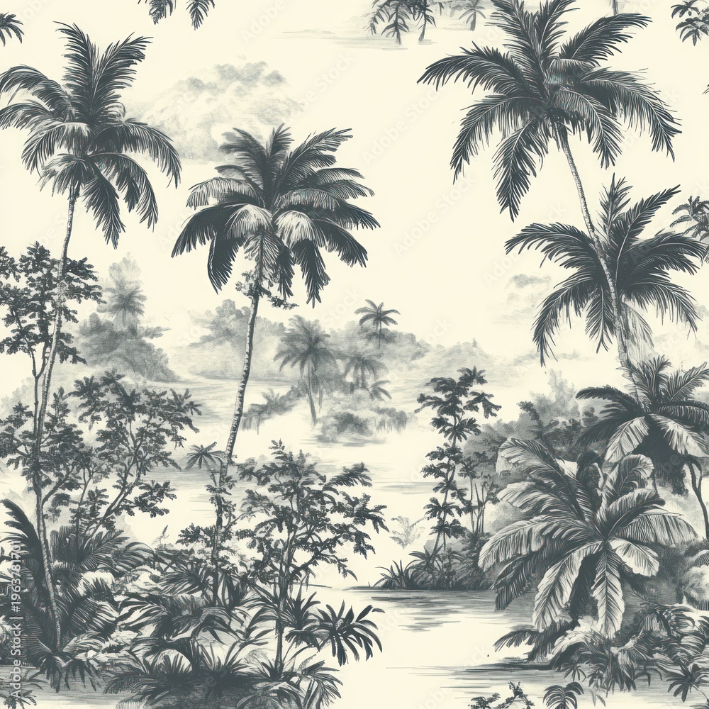 Fototapeta premium serene monochrome tropical scene with tall palm trees, dense jungle foliage, calm lagoon and distant misty islands evoking a peaceful nostalgic mood