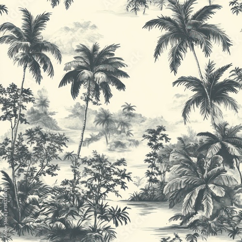serene monochrome tropical scene with tall palm trees, dense jungle foliage, calm lagoon and distant misty islands evoking a peaceful nostalgic mood