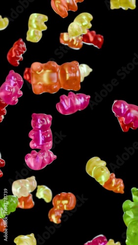 Vertical seamless loop of gummy bears falling on transparent background with alpha channel. Perfect for overlays and mobile video content.