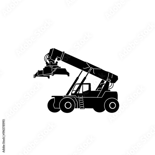 Clean industrial reach stacker silhouette vector icon, heavy-duty cargo handling vehicle for modern port and logistics operations