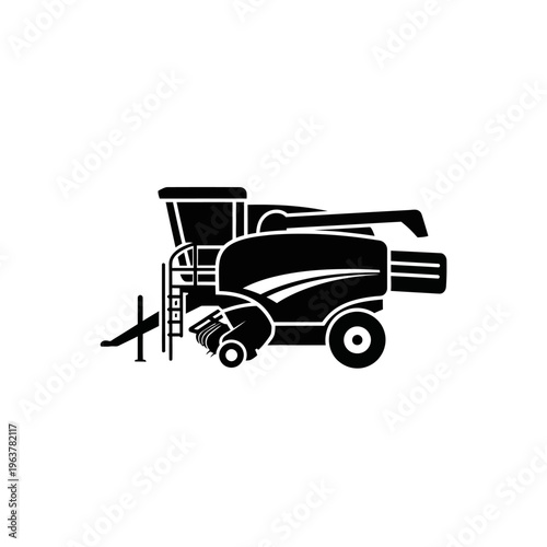 Minimalist black silhouette icon of a modern combine harvester, representing efficient agricultural harvesting and farming machinery in agriculture