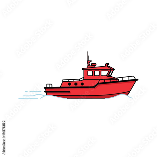 Vibrant red maritime patrol boat illustration cruising swiftly on calm water, leaving a subtle wake behind. Ideal graphic for sea travel, nautical adventures, and water transportation concepts