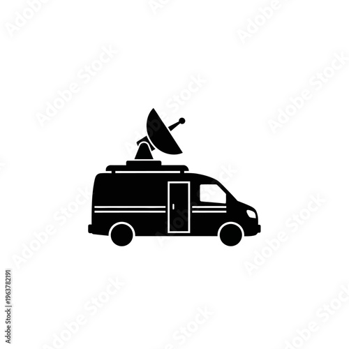 Professional media broadcast van icon with satellite dish for live news coverage, remote reporting, and communication services