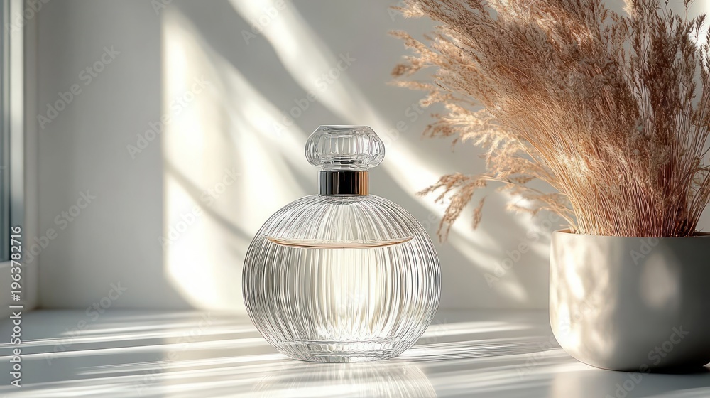 Fototapeta premium clear ribbed glass perfume bottle on sunlit windowsill beside dried pampas grass in ceramic pot, serene minimalist morning light