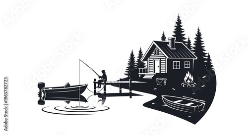 Man fishing from a dock beside boat.
