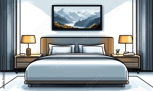 Calm modern bedroom with king bed, two wooden nightstands, warm lamps, framed mountain landscape above headboard, soft neutral tones and cozy lighting