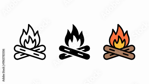 This image displays three variations of a campfire icon a line drawing a silhouette and a fully colored illustration high quality professional detailed modern elegant stylish
