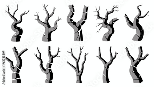 A collection of stylized bare tree branches and trunks are showcased against a clean white background arranged in a grid pattern high quality professional detailed modern