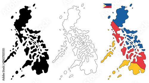 An illustration depicts the geographical outline of the philippines in three different color schemes black white line and colored high quality professional detailed modern elegant stylish