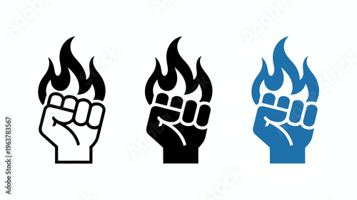 Three variations of a raised fist engulfed in flames are displayed showcasing the symbol in different color schemes high quality professional detailed modern elegant stylish clean