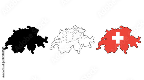 A depiction of switzerland s map is shown three times in black white outline and colored red with a white cross high quality professional detailed modern