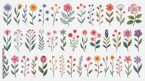 A vibrant collection of watercolor wildflowers and blossoms is displayed on a white background exhibiting a diverse array of floral shapes high quality professional detailed modern